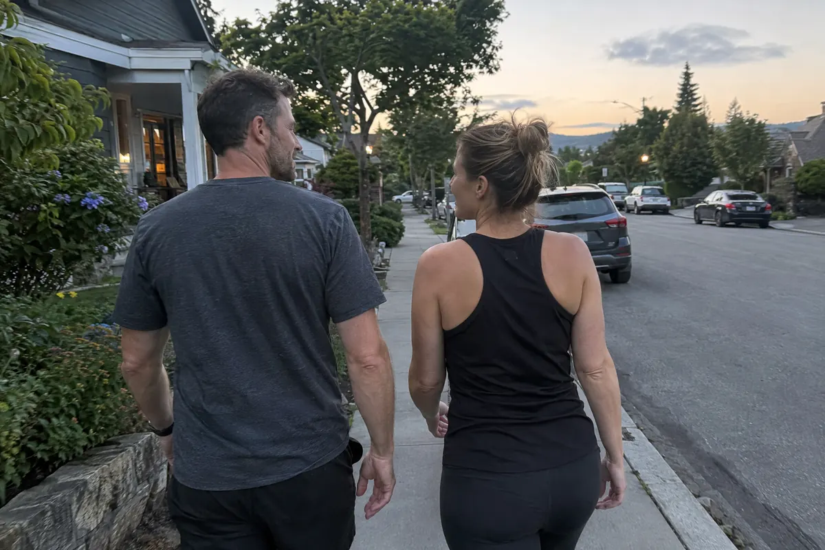 A couple on an evening walk after dinner