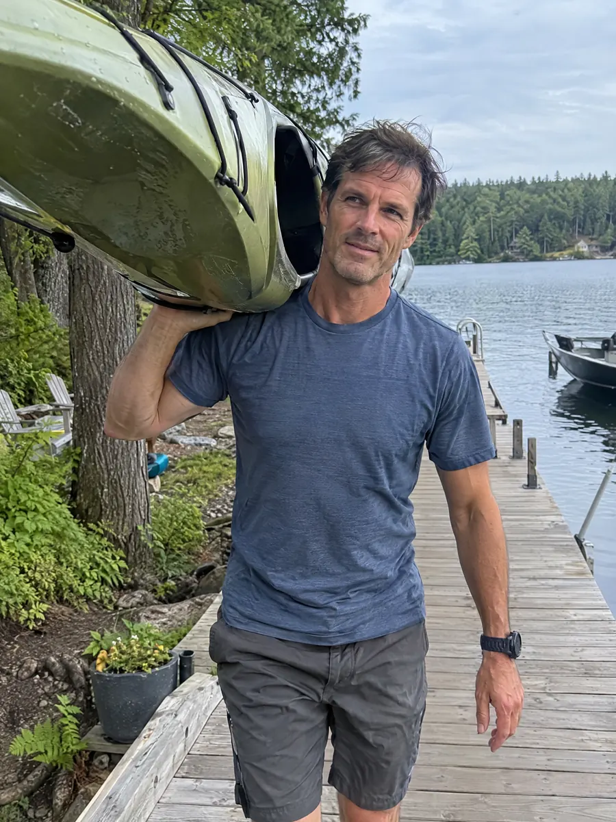 Carrying a kayak down the dock to the lake