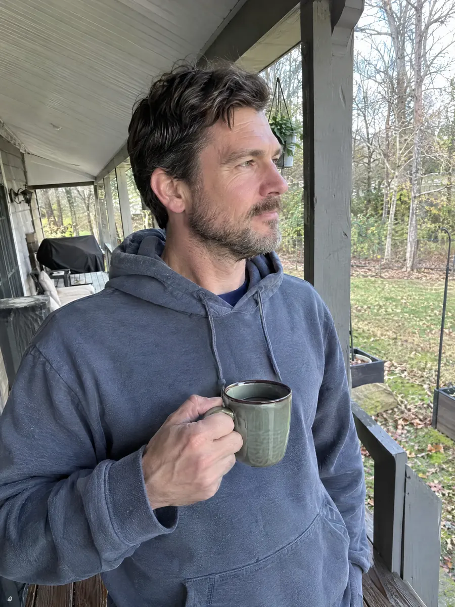 Coffee in the morning daylight on the back porch