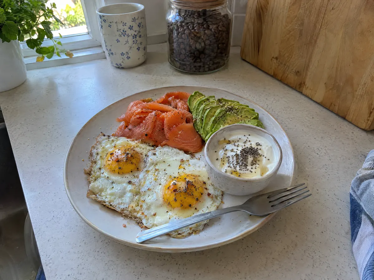 A protein-first plate: eggs, smoked salmon, avocado and yogurt